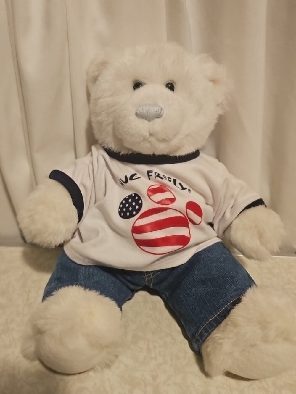Build A Bear White Plush Teddy Bear with Denim Shorts - 12"